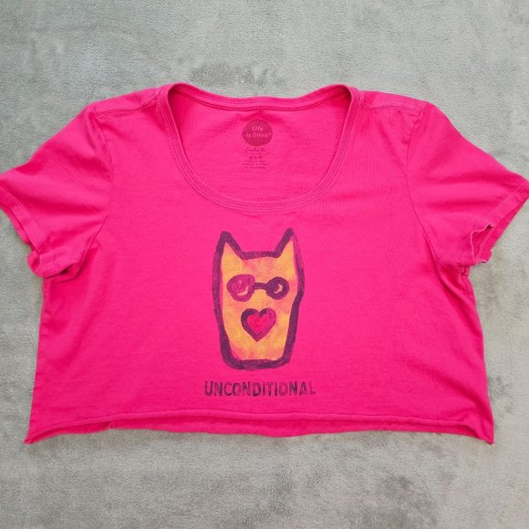 Life is Good Shirt Womens Large Pink Unconditional Short Sleeve Cut Off Crop Top - Picture 1 of 6